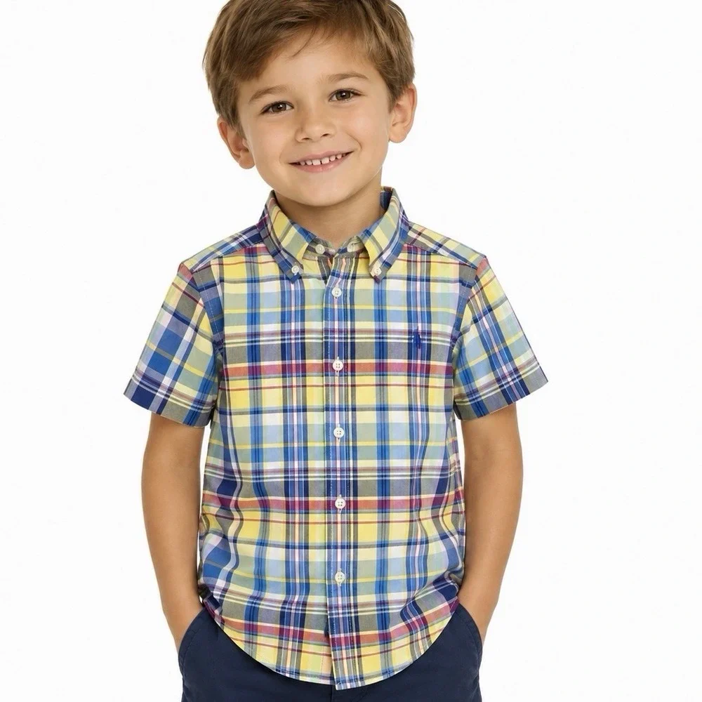 Ralph Lauren Boys Plaid Button Front Shirt Size 5 Multicolor Short Sleeve Cotton